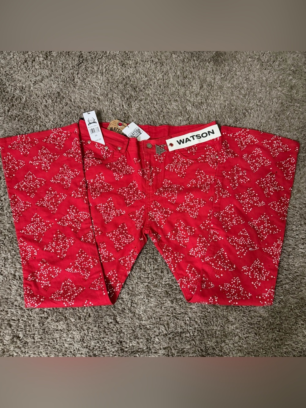 Watson Red Straight Men's Jeans with Star Stud Detail